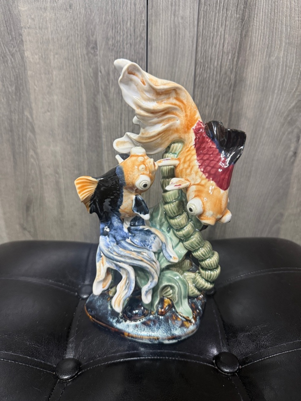 Vintage Asian Koi Goldfish Majolica Pottery Chinese Porcelain Antique Figurine